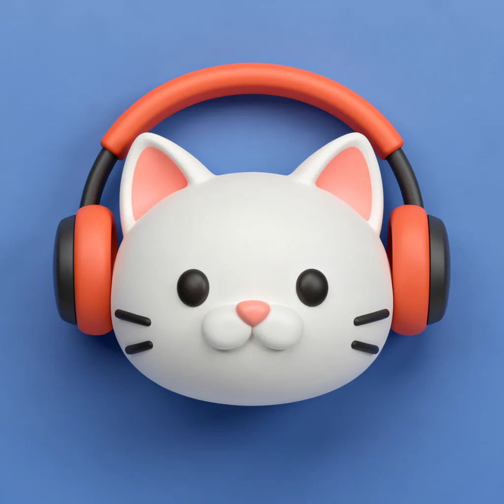 3D cat wearing headphones, music app icon